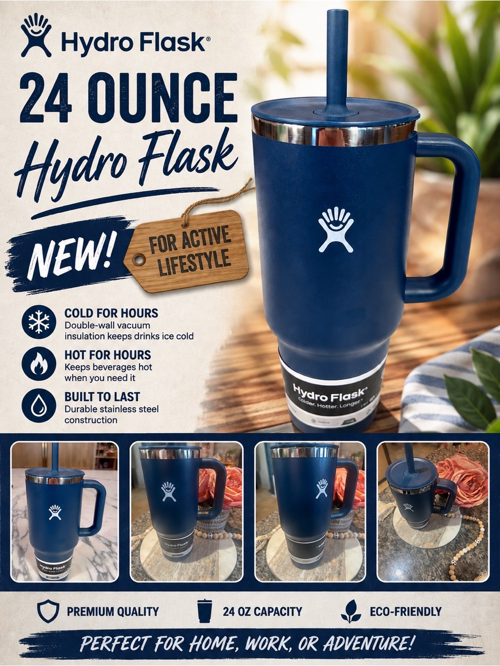 Hydro Flask Navy Blue 🔵⋆.˚🦋༘⋆⋆.˚🦋༘⋆24 oz Insulated Travel Mug with Handle